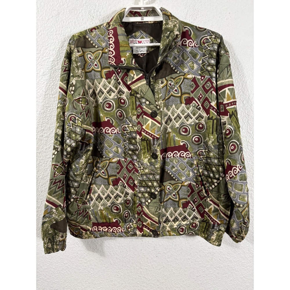 Stunt Sports Jacket Women Medium Green Oversized Vintage Y2K Silk Abstract Print